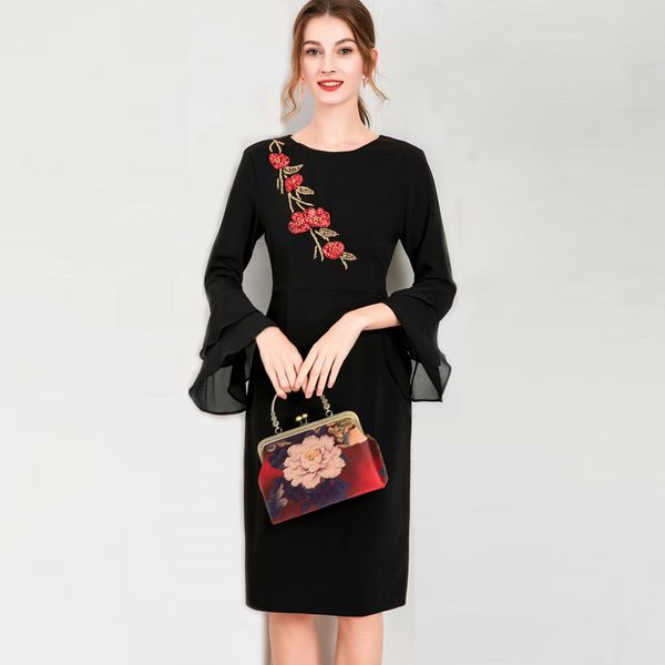 

women's dresses o neck long sleeves ruffles sequined beaded spring summer pencil dress vestidos, Black