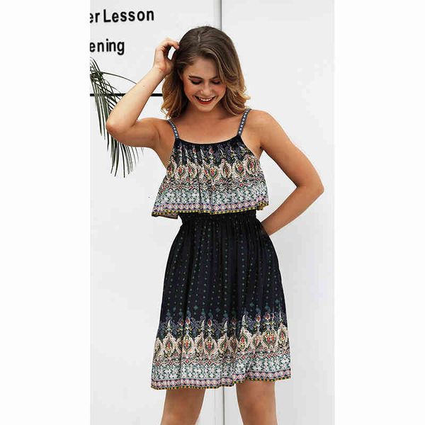 

casual dress womens floral printed bohemian sweet female spaghetti strap summer beach 05ti, Black;gray