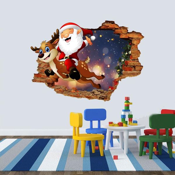 

wall stickers 3d brick pattern santa claus riding an elk sticker for kids rooms christmas festival decoration peel & stick art mural