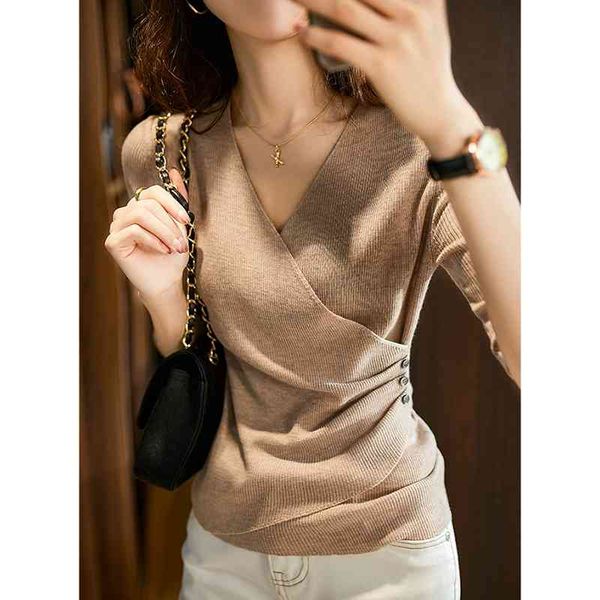 

fashionable women's knitwear summer xiaohange hanging slimming wrapped v-neck fine wool slim-fit 210520, White