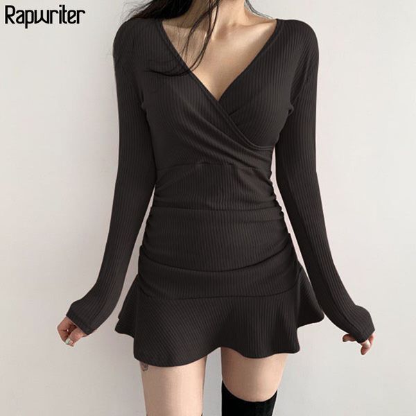 Sweater de malha mulher negra manga comprida v vestido decote elegante senhoras bodycon sereia ruffles hem vestidos sexy vestidos vestidos 210415