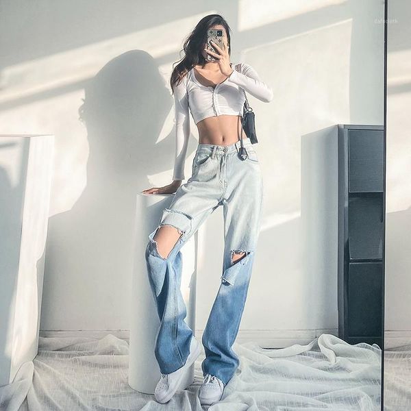 

women's jeans woman pants ripped gradient straight high waist loose american pantalones vaqueros mujer, Blue
