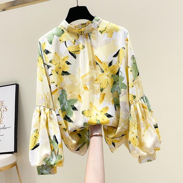 

women's blouses & shirts floral chiffon women blouse summer design 2021 neck lantern sleeved elegant office lady pulls outwear, White