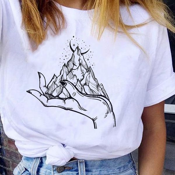 

graphic mountain spring summer trend womens t shirt casual 90s cartoon fashion clothes tees print female, White