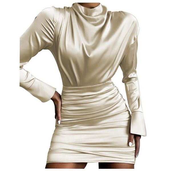 

casual dresses autumn 2021 wmen short dress fashion stand collar long sleeve ruched bodycon lady back zipper party club mini, Black;gray