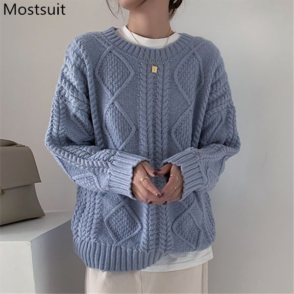 

twisted knitted warm fresh pullover sweater women spring o-neck full sleeve loose solid female korean jumpers mujer 210518, White;black