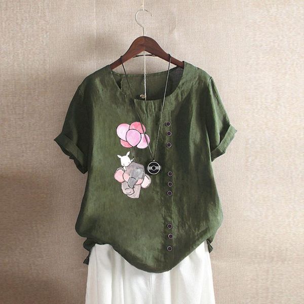 

women's blouses & shirts casual short sleeve women blouse 2021 summer floral printed o-neck tunics female linen loose streetwear work, White