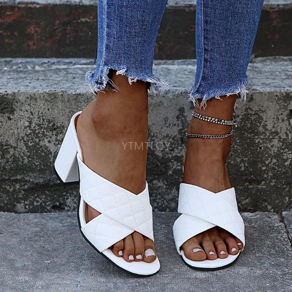 

summer fashion high heels rhombus with women sandals daily casual large size 36-43 slippers square heel zapatos de mujer, Black