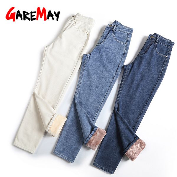 

warmed jeans for women on fleece loose harme white thick casual denim pants women's winter with high waist 210428, Blue