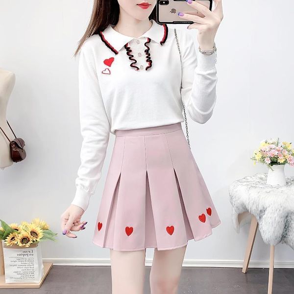 

women's tracksuits winter suit sweaters embroidered skirts sweet and fresh cut age two-piece outfit student girl lady knitwear pleated, Gray