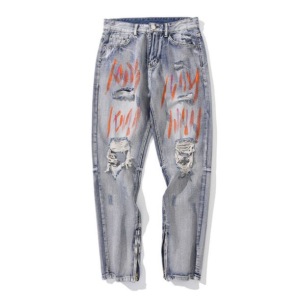 

ankle zipper hole graffiti washed jeans for men fringe tassel high street retro spliced denim trousers hip hop loose casual pant, Blue