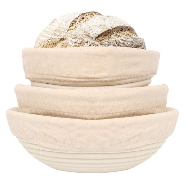

storage baskets proofing round, 3 for baking bread, natural rattan (around 20, 22, 25cm) with linen insert