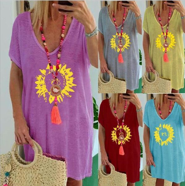 

women's t-shirt large loose sunflower print casual short sleeve quku, White
