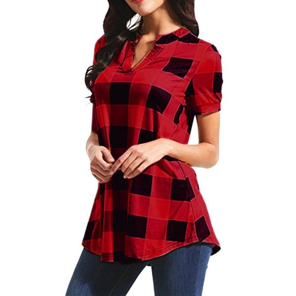 

ladies womens blouses plus size harajuku summer v neck plaid printed short sleeve shirt women blouse fashion shirts woman tee, White