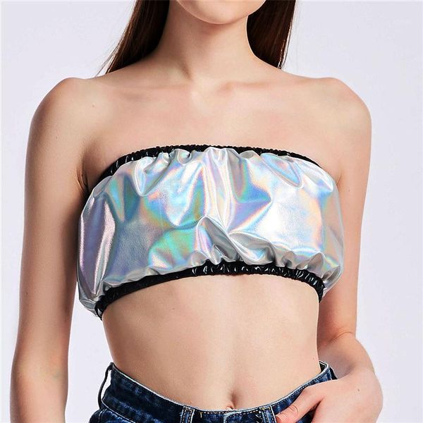

summer women metallic color strapless tube skinny backless crop festival rave night club comfortable bustiers & corsets, Black;white