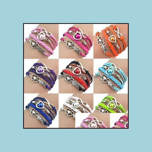 Moda Infinity Love Heart Perle Braccialetti con ciondoli per donna Uomo Amorini Freccia Catena in pelle intrecciata Bracciale avvolgente Gioielli fatti a mano in goccia Del