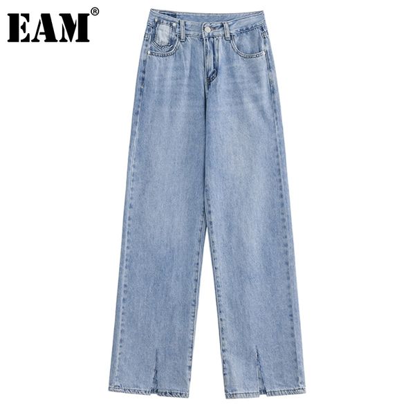 

[eam] blue slit long high waist straight denim jeans loose women full length trousers fashion spring summer 1dd7907 21512