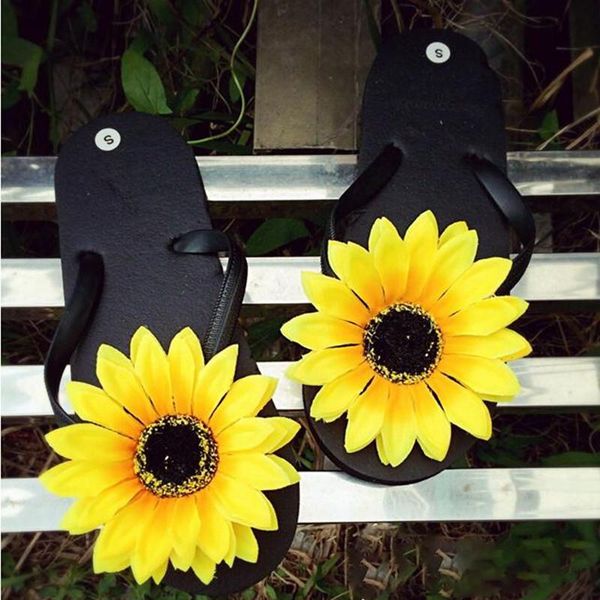 

slippers summer women flip flops lady beach sandals handmade flowers casual clip flat outside wearing girl's shoes, Black