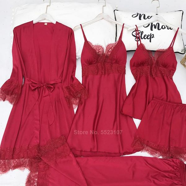 

solid color pajamas set womens sleepwears lace silk satin smoooth home wear breathable comfy 5pcs nightwear, Black;red