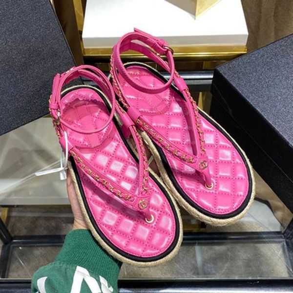 

sandals ladies natural leather flip flops flat metal chain rope thick bottom open toe beach, Black