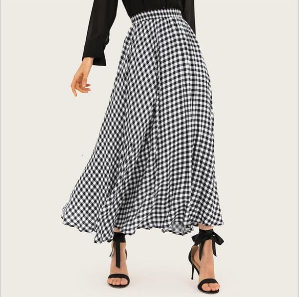 

qooth vintage plaid check women skirts long elastic pleated faldas bohemian jupe femme summer maxi qh2195, Black