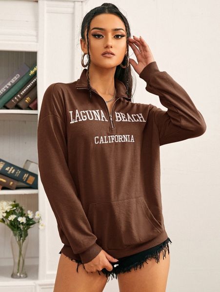 

letter embroidery half zip drop shoulder sweatshirt j90z#, White;black