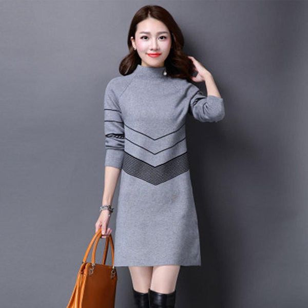 

autumn winter sweater dress women plus size turtleneck female long knitted pullover bottoming vestido casual dresses, Black;gray
