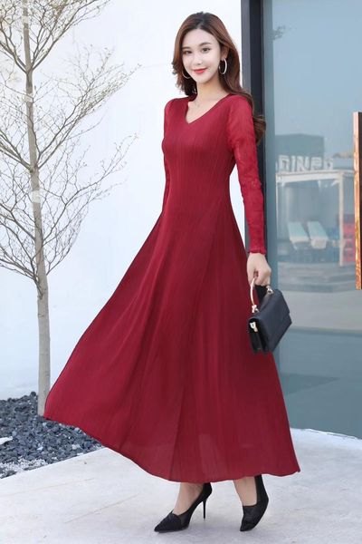 

dress miyake nine points sleeve v-neck fold fashion solid a-line, Black;gray