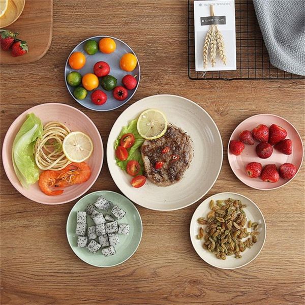 

dishes & plates 4pcs plate set eco-friendly solid color wheat straw dish snack dessert dinner fruit round tray tableware