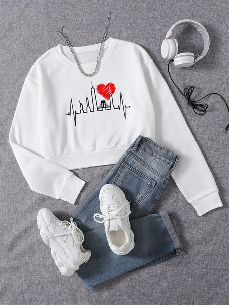 

heart print thermal lined crop pullover t73y#, White;black