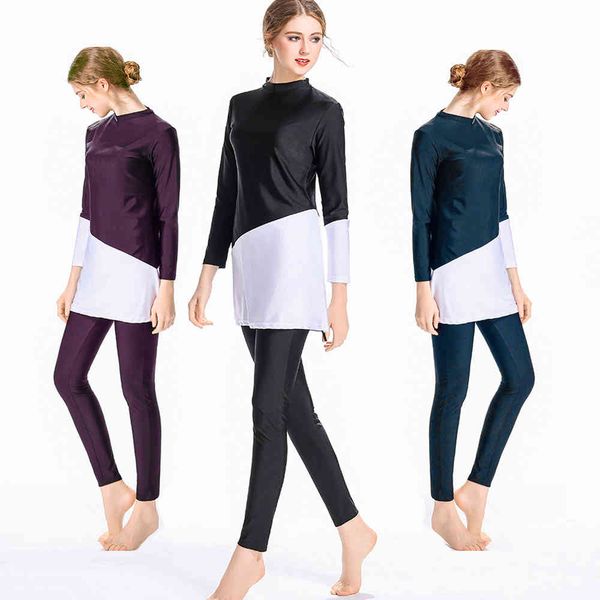 

ethnic clothing hit color modest muslim swimwear women islam two piece full cover islamic swimsuit long sleeve plus size hijab bea, Red