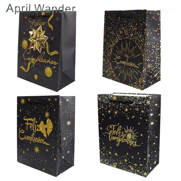 

gift wrap 4pcs/lot lovely spain golden tote bags spanish 'feliz' handbags with handles for happy birthday party supplies1