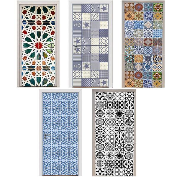 

door stickers kaleidoscope mediterranean style color black and white tiles mosaic bedroom wooden home decoration paste wallpapers