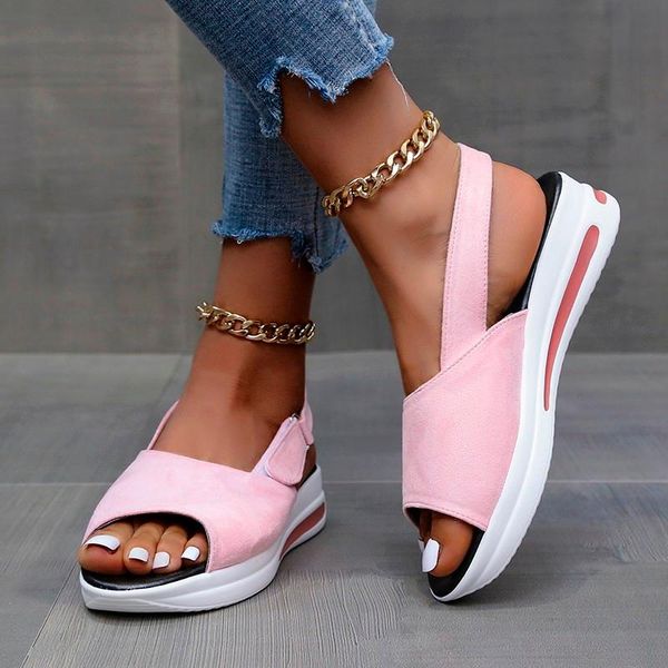 

sandals 2021 summer women solid color platform peep toe beach ladies slip on hook & loop shoes, Black