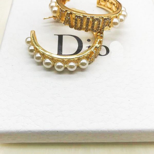 

d family letter diamond pearl earrings 2021 brass fashion simple earrings 925 sier needle for women, Golden