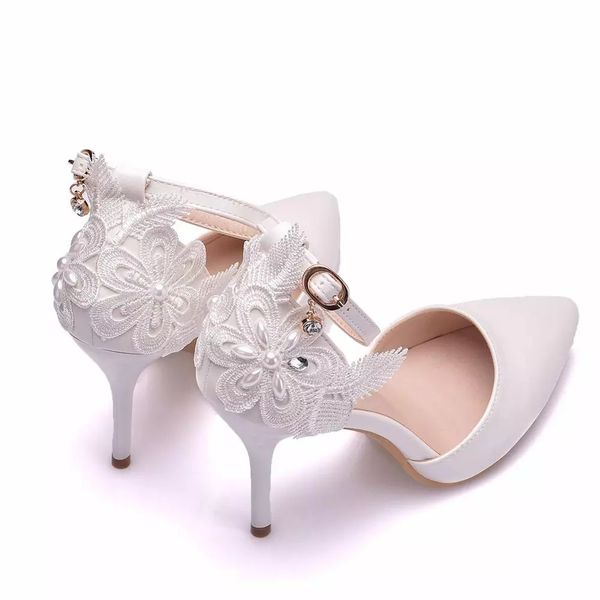 

2021 women's shoes white lace high heels banquet wedding bridal pointed 1, Black