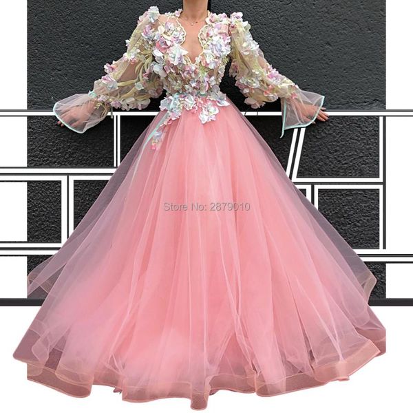 

party dresses turkish arabic prom evening dress ball gown v-neck full sleeves tulle pink applique flowers floor-length zipper dubai, White;black