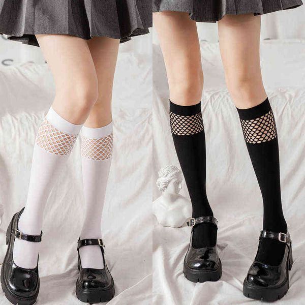 

women summer knee high socks mesh stockings fishnet cute college style jk girls lolita student black gothic long socks y1119, Black;white