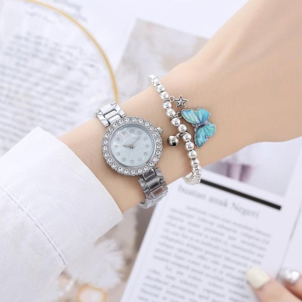 

wristwatches diamond small dial quartz watch women watches bracelet set+ butterfly bell star (2pcs/set) clock gifts relogio feminino, Slivery;brown