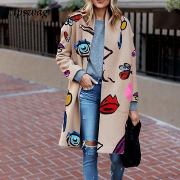 

women's wool & blends elegant office lady winter coats outerwear fashion retro cartoon print long overcoat casual sleeve women cardigan, Black