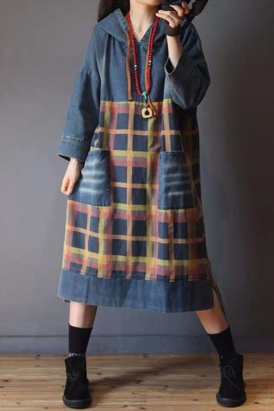 

casual dresses women autumn patchwork denim dress ladies vintage spliced hooded female 2021 spring irregular length, Black;gray