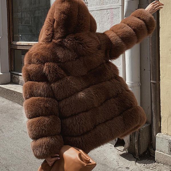 

women's fur & faux coat hooded ladies natural long women real jacket, Black