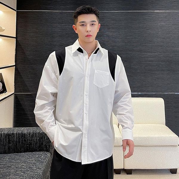 

men's casual shirts man handsome men clothing splice long sleeve korean streetwear brand fashion loose shirt, White;black