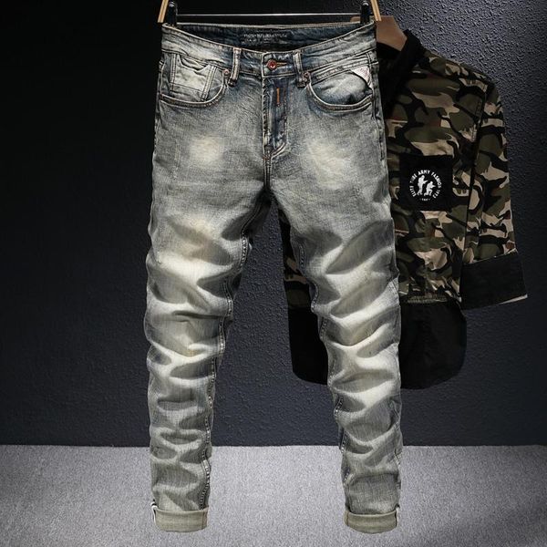

men's jeans european vintage fashion men distressed wash elastic cotton slim fit ripped retro designer casual denim pants, Blue