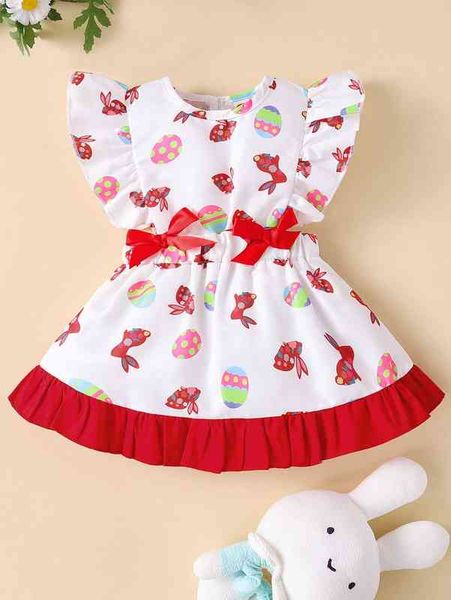 

baby cartoon graphic bow front ruffle trim dress she, Red;yellow