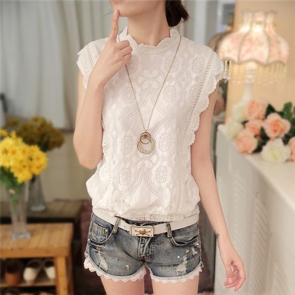 

korean fashion summer women sleeveless chiffon shirt lace blouse casual loose size female blusas 57f 25 210415, White