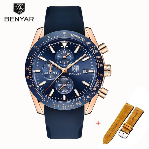 

watch men wristwatch mens benyar quartz chronograph relogio masculino 2021 military silicone strap clock wristwatches, Slivery;brown