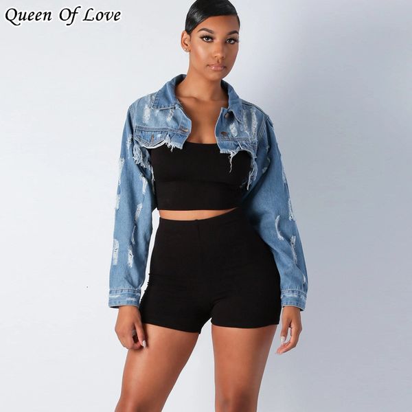 

women's jackets tassel ripped cropped jean jacket women autumn hole long sleeve denim jacket streetwear short denim coat female o, Black;brown