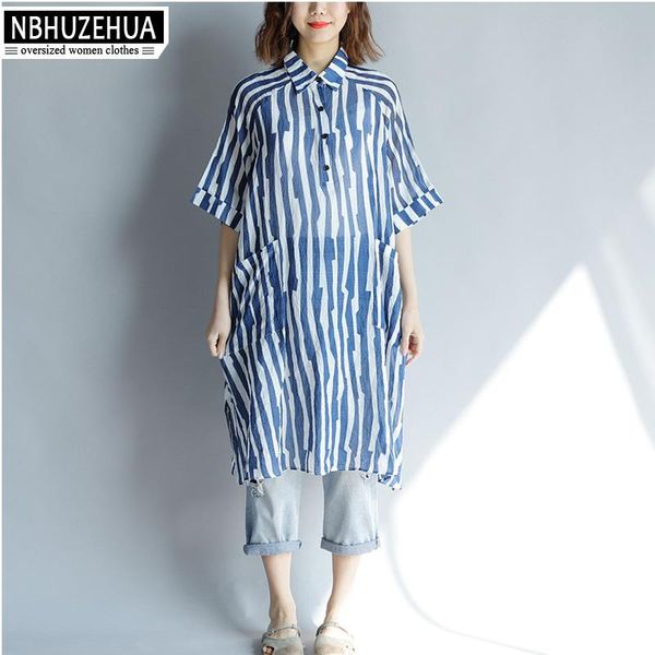 

women's blouses & shirts nbhuzehua a148 4xl 5xl 6xl vintage blue striped shirt short sleeve thin woman blouse 2021 summer long kimono c, White