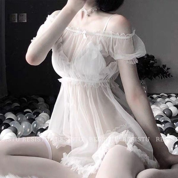 

women's sleepwear pink sweet gauze lace puff sleeve nightdress cute temptation lingerie mesh night gown womens home underwear, Black;red